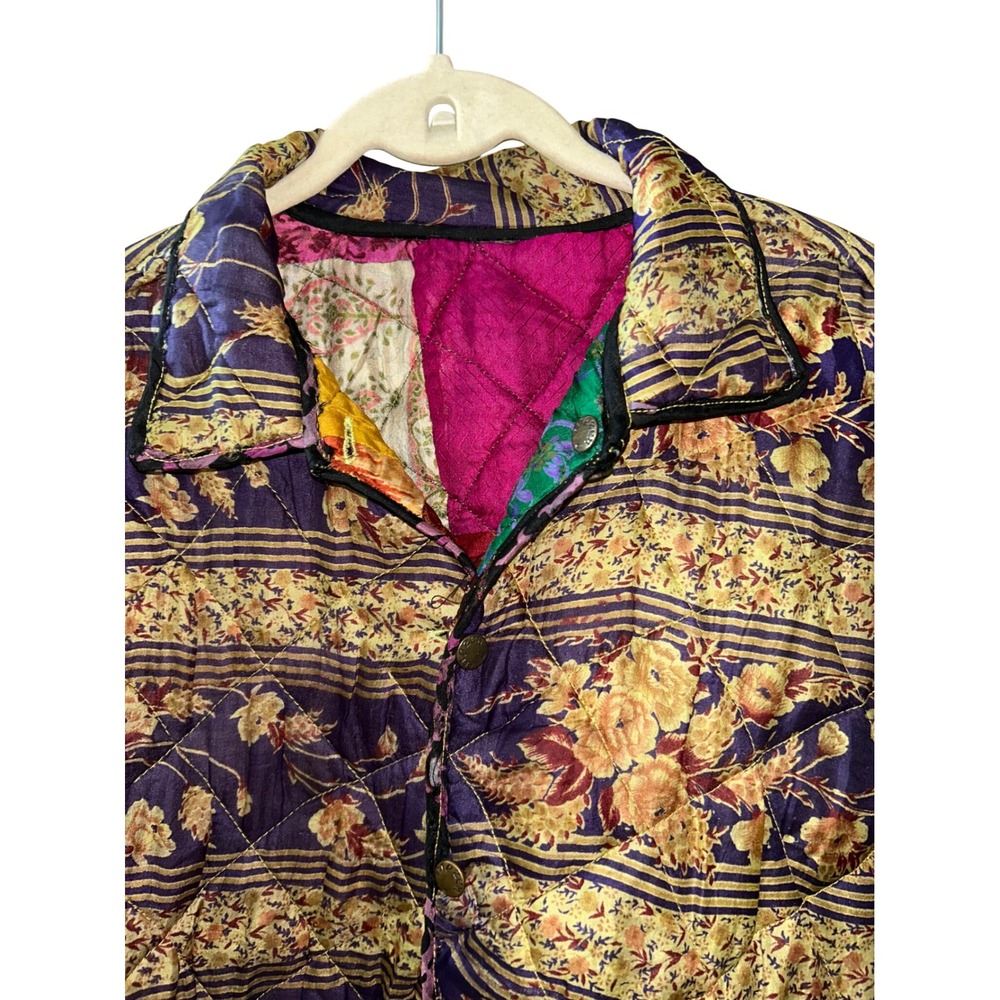 ArtEZen Boho Quilted Patchwork Reversible Jacket Multi 100% Silk Hippie Coat - Picture 10 of 14